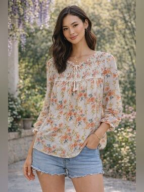 Cupcakes & Cashmere Floral Smocked Blouse Small Boho Cottagecore Top EUC
